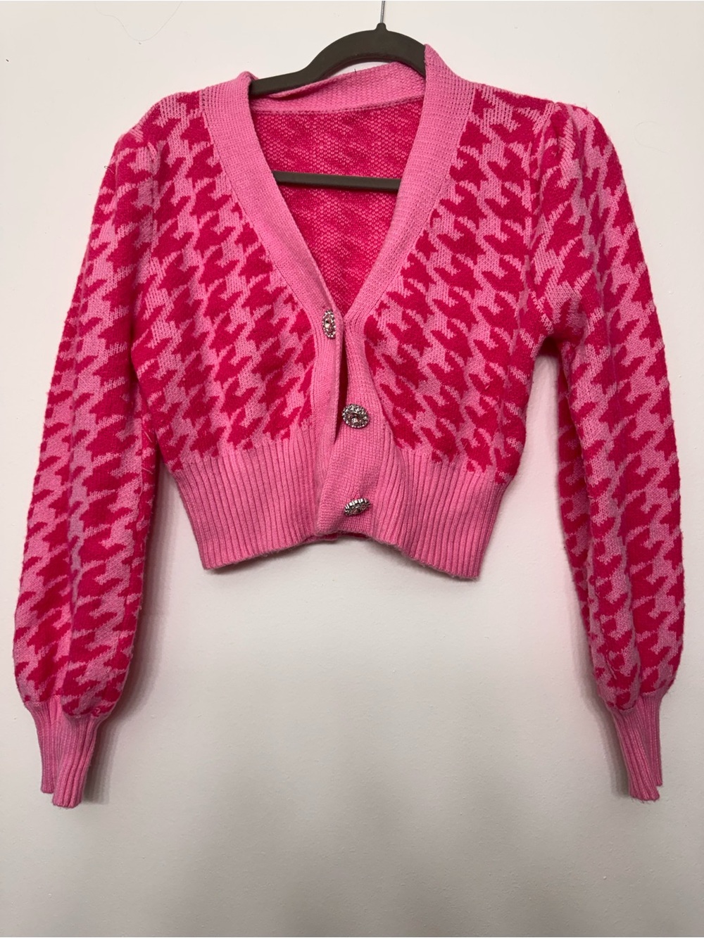 <Amazon> Hot Pink Houndstooth Cropped Cardigan